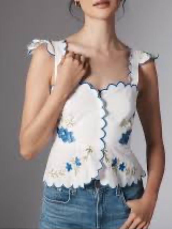 Maeve Tops - Maeve ruffle-strap scallop tea towel peplum top